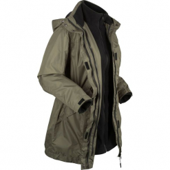 Płaszcz outdoorowy funkcyjny 3 w 1 bonprix ciemnooliwkowo-czarny. Zielone płaszcze damskie bonprix, s, bez wzorów, z polaru, bez kołnierzyka, bez kaptura. Za 99.99 zł.