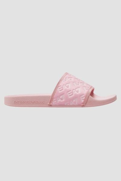 EA7 EMPORIO ARMANI Różowe klapki logowane, Rozmiar 40. Czerwone klapki damskie EA7 Emporio Armani, bez wzorów, bez obcasa, bez zapięcia. W wyprzedaży za 185.99 zł.