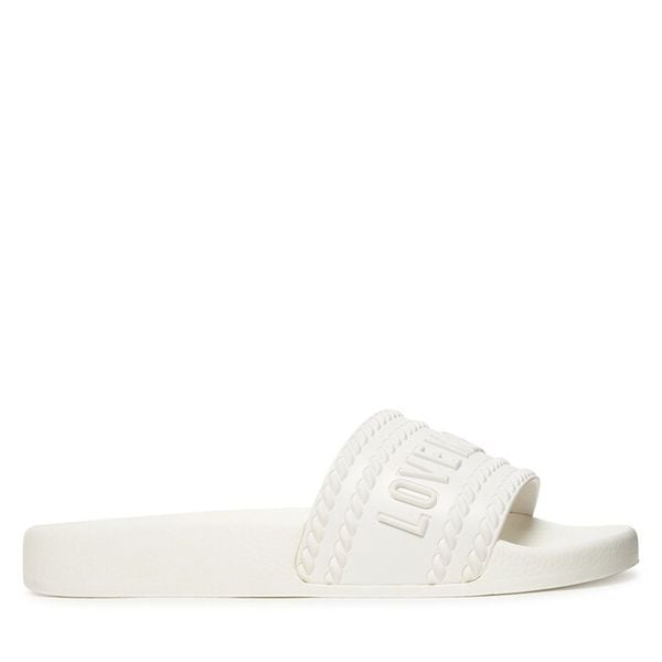 Klapki LOVE MOSCHINO. Białe klapki damskie Love Moschino, bez wzorów, bez obcasa, bez zapięcia. Za 409.99 zł.