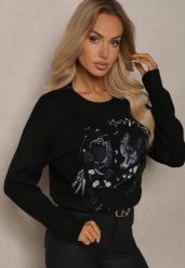 Czarny Sweter Ozdobiony Haftowanym Wzorem w Ptaki Inarielle. Czarne swetry nierozpinane damskie Renee, bez wzorów, casualowe, bez kołnierzyka, bez ramiączek. Za 149.99 zł.