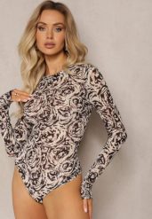 Czarno-Beżowe Body Ozdobione Kwiatami w Abstrakcyjnym Stylu Hlevina. Czarne body Renee, bez wzorów, z dzianiny. Za 74.99 zł.