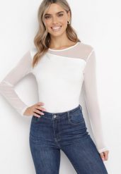 Biała Bluzka z Wstawką z Siateczki Fabritta. Białe bluzki damskie Born2be, m, bez wzorów, z tkaniny, bez kołnierzyka, bez ramiączek. Za 44.99 zł.