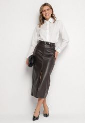 Ciemnobrązowa Długa Spódnica High Waist z Imitacji Skóry z Dodatkowym Paskiem i Rozcięciem Wyneti. Brązowe spódnice damskie Born2be, na co dzień, m, bez wzorów, ze skóry, eleganckie, z podwyższonym stanem, maxi, koszulowe. Za 129.99 zł.