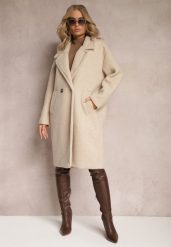 Jasnobeżowy Dwurzędowy Płaszcz Oversize z Wełną Spolete. Brązowe płaszcze damskie Renee, bez wzorów, z wełny, eleganckie, bez kołnierzyka, bez kaptura. Za 289.99 zł.
