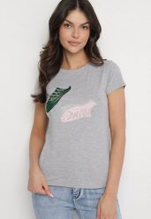 Ciemnoszary Bawełniany T-shirt z Nadrukiem z Cyrkoniami Karissen. Szare t-shirty damskie Born2be, m, bez wzorów, z bawełny, eleganckie, bez kołnierzyka, bez ramiączek. Za 34.99 zł.
