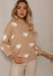 Ciemnobeżowy Sweter z Wiskozą i Modalem Ozdobiony Sercami Zeanisia. Brązowe swetry nierozpinane damskie Renee, m, bez wzorów, z jeansu, casualowe, bez kołnierzyka, bez ramiączek. Za 99.99 zł.