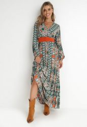 Zielona Sukienka Rozkloszowana z Paskiem Nazene. Zielone sukienki damskie Born2be, l, bez wzorów, z materiału, boho, bez kołnierzyka, bez ramiączek, maxi, kopertowe. Za 139.99 zł.