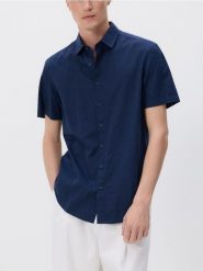 Strukturalna koszula regular fit - granatowy. Niebieskie koszule męskie Reserved, l, bez wzorów, z bawełny, bez kołnierzyka, bez ramiączek. Za 119.99 zł.