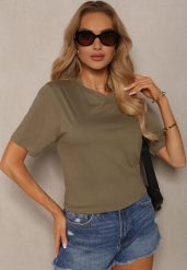 Zielona Koszulka z Bawełny bez Zdobień Danlekia. Zielone bluzki damskie Renee, l, z aplikacjami, z bawełny, klasyczne, bez kołnierzyka, bez ramiączek. Za 24.99 zł.