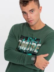 Ombre Bluza męska zakładana przez głowę z nadrukiem - zielona V2 OM-SSPS-0156 XL. Zielone bluzy męskie Ombre, m, bez wzorów, bez ramiączek, bez kaptura. Za 49.99 zł.