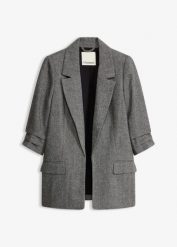 Długi żakiet z kołnierzykiem z klapkami. Czarne marynarki i żakiety damskie bonprix, bez wzorów, eleganckie, bez kołnierzyka, bez ramiączek. Za 249.99 zł.