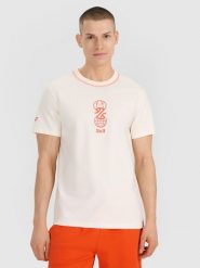 4F T-shirt regular z nadrukiem męski - biały L. Białe koszulki sportowe męskie 4F, l, bez wzorów, z bawełny, bez ramiączek, do koszykówki. Za 59.99 zł.
