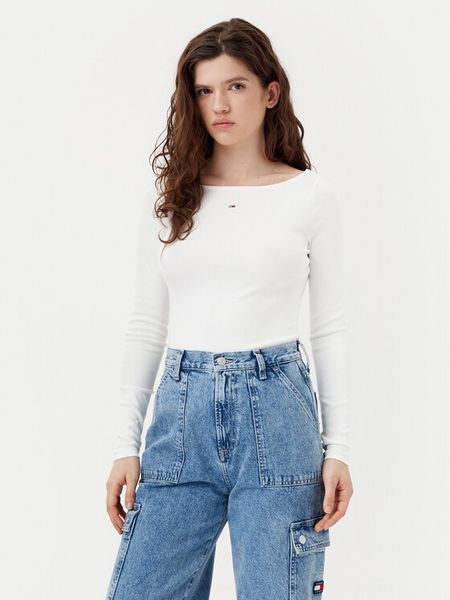 Tommy Jeans Bluzka DW0DW21350 Écru Slim Fit. Bluzki damskie Tommy Jeans, xxs, bez wzorów, z bawełny, bez kołnierzyka, bez ramiączek. Za 139.99 zł.