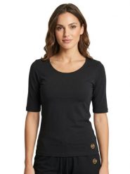 Elegancki damski T-shirt z rękawem 3/4. Czarne t-shirty damskie LEONE 1947 APPAREL, s, bez wzorów, z jeansu, eleganckie, bez kołnierzyka, bez ramiączek. Za 126.26 zł.