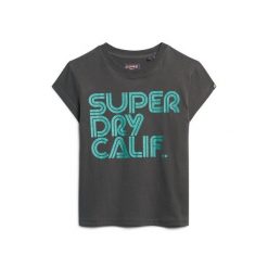 Koszulka damska z błyszczącym logo Superdry Retro. Czarne bluzki damskie Superdry, bez wzorów, retro, bez kołnierzyka, bez ramiączek. W wyprzedaży za 106.05 zł.