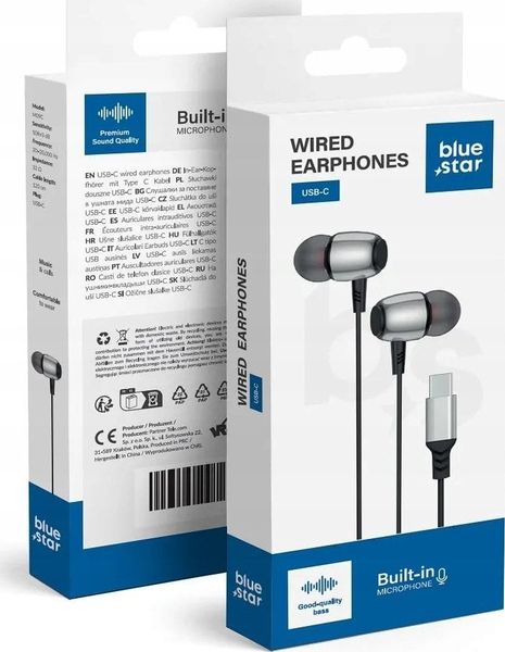 BLUE STAR słuchawki przewodowe Typ C z mikrofonem M09C 1,2 m czarne. Czarne słuchawki dokanałowe BlueStar. Za 14.62 zł.