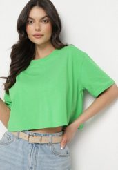 Jasnozielony Krótki T-shirt Oversize Lilu. Zielone t-shirty damskie Born2be, l, bez wzorów, z bawełny, eleganckie, bez kołnierzyka, bez ramiączek. Za 29.99 zł.