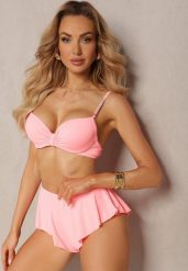 Jasnoróżowe Bikini Usztywniany Biustonosz z Cyrkoniami i Spodenki Kąpielowe Wykończone Gumką w Pasie Rilamia. Czerwone bikini Renee, s, z aplikacjami. Za 74.99 zł.