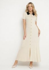 Jasnobeżowa Rozkloszowana Sukienka Retro z Wiskozy z Guzikami i Kołnierzykiem Andival. Brązowe sukienki damskie Born2be, na co dzień, z aplikacjami, z wiskozy, eleganckie, bez kołnierzyka, bez ramiączek, maxi, proste. Za 169.99 zł.
