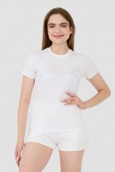 KARL LAGERFELD Biały t-shirt Rhinestone Logo. Białe t-shirty damskie KARL LAGERFELD, xs, bez wzorów, bez kołnierzyka, bez ramiączek. W wyprzedaży za 299.99 zł.