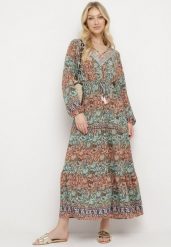 Zielona Sukienka Rozkloszowana z Falbanką w Print Paisley Kapiss. Zielone sukienki damskie Born2be, l, bez wzorów, eleganckie, bez kołnierzyka, bez ramiączek, maxi, rozkloszowane. Za 89.99 zł.