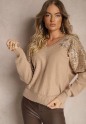 Ciemnobeżowy Sweter o Kroju Nietoperza Ozdobiony Cekinami i Cyrkoniami Nevarraea. Brązowe swetry nierozpinane damskie Renee, z aplikacjami, z jeansu, casualowe, bez kołnierzyka, bez ramiączek. Za 119.99 zł.