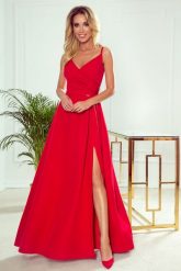 Długa sukienka na wesele rozkloszowana na ramiączkach czerwona. Czerwone sukienki damskie Sukienki.shop, na studniówkę, xl, bez wzorów, wizytowe, bez kołnierzyka, bez ramiączek, maxi, rozkloszowane. Za 429.00 zł.