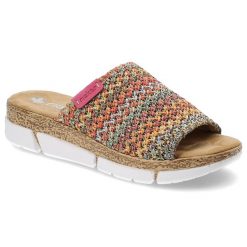 Kolorowe Klapki Rieker Modne Obuwie Damskie. Białe klapki damskie Rieker, na lato, bez wzorów, z tkaniny, eleganckie, bez obcasa, na koturnie, bez zapięcia. Za 229.00 zł.
