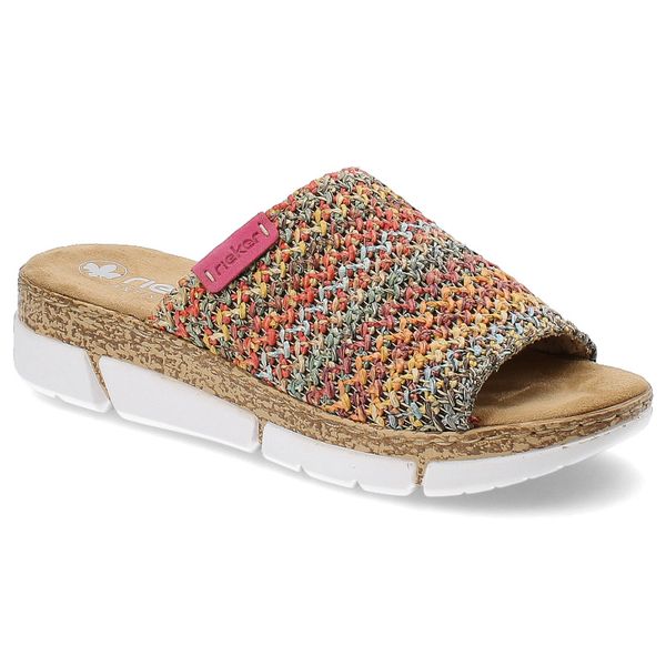 Kolorowe Klapki Rieker Modne Obuwie Damskie. Białe klapki damskie Rieker, na lato, bez wzorów, z tkaniny, eleganckie, bez obcasa, na koturnie, bez zapięcia. Za 229.00 zł.