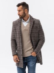 Jednorzędowy płaszcz męski w kratę - brązowy V1. Brązowe płaszcze męskie Ombre Clothing, m, bez wzorów, z poliesteru, bez kołnierzyka, bez kaptura. W wyprzedaży za 199.99 zł.