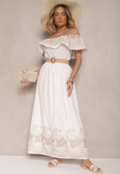Biała Sukienka Boho o Kroju Hiszpanki Zdobiona Haftem i Paskiem z Klamrą Vallisca. Białe sukienki damskie Renee, na co dzień, l, z aplikacjami, z poliesteru, boho, bez kołnierzyka, bez ramiączek, maxi, kopertowe. Za 129.99 zł.