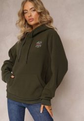 Ciemnozielona Bluza z Kapturem i Ozdobnym Haftem Gamalie. Zielone bluzy damskie Renee, xl, bez wzorów, eleganckie, bez ramiączek, z kapturem. Za 79.99 zł.