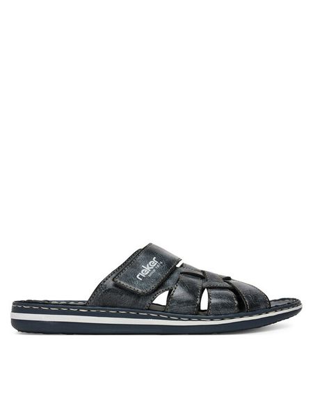 Rieker Klapki 21073-14 Granatowy. Niebieskie klapki męskie Rieker, bez wzorów, ze skóry, bez zapięcia. Za 229.99 zł.