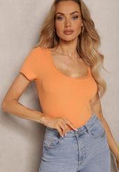 Pomarańczowa Bluzka z Trójkątnym Dekoltem z Koronką Thisalla. Brązowe bluzki damskie Renee, l, bez wzorów, z bawełny, eleganckie, bez kołnierzyka, bez ramiączek. Za 54.99 zł.