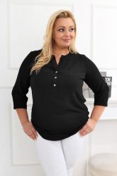 Elegancka czarna bluzka z rękawem 3/4 PLUS SIZE XXL. Czarne koszulki sportowe damskie Nasi partnerzy, plus size, bez wzorów, z elastanu, bez ramiączek. Za 199.90 zł.