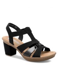 Rieker Sandały 665K3-00 Czarny. Czarne sandały damskie Rieker, bez wzorów, z syntetyku, bez obcasa, na słupku, bez zapięcia. Za 299.99 zł.