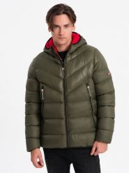 Pikowana nowoczesna kurtka męska z łączonych materiałów – ciemnooliwkowa V3 OM-JAHP-0145 - XXL. Zielone kurtki męskie Ombre Clothing, l, bez wzorów, z materiału, bez kaptura. W wyprzedaży za 169.99 zł.