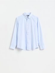 Koszula slim z drobnym printem - jasnoniebieski. Niebieskie koszule męskie Reserved, l, bez wzorów, z tkaniny, bez kołnierzyka, bez ramiączek. Za 129.99 zł.