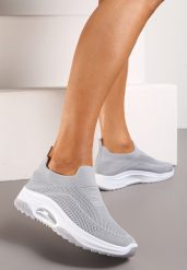Szare Wsuwane Buty Sportowe na Koturnie z Perforacją Mellarina. Szare obuwie sportowe damskie Born2be, bez wzorów, bez zapięcia. Za 44.99 zł.