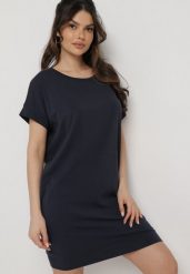 Granatowa Pudełkowa Sukienka T-shirtowa o Krótkim Kroju Orlella. Niebieskie sukienki damskie Born2be, na lato, l, bez wzorów, bez kołnierzyka, bez ramiączek, mini. Za 49.99 zł.