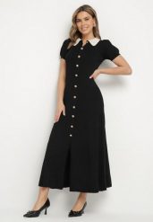 Czarna Rozkloszowana Sukienka Retro z Wiskozy z Guzikami i Kołnierzykiem Andival. Czarne sukienki damskie Born2be, na co dzień, z aplikacjami, z wiskozy, eleganckie, bez kołnierzyka, bez ramiączek, maxi, proste. Za 159.99 zł.