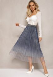 Granatowa Spódnica z Siateczki Ozdobionej Brokatem z Gumką w Talii Henizia. Niebieskie spódnice damskie Renee, s, bez wzorów, eleganckie, midi. Za 44.99 zł.