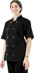 Visent BLUZA GASTRONOMICZNA KITEL KUCHARSKI Z LAMÓWKĄ czarny / biała lamówka M. Białe bluzy męskie Visent, m, bez wzorów, bez ramiączek, bez kaptura. Za 79.99 zł.