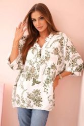 Koszula damska z dekoltem w serek i kwiatowym wzorem khaki. Brązowe koszule damskie Kesi Włoski, l, bez wzorów, z jeansu, eleganckie, bez kołnierzyka, bez ramiączek. Za 146.35 zł.