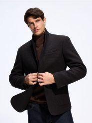 Marynarka slim fit z dodatkiem wełny - ciemnobrązowy. Brązowe garnitury męskie Reserved, l, bez wzorów, z tkaniny. Za 399.99 zł.