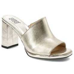 Złote Klapki Simen Stylowe Buty Damskie. Żółte klapki damskie Simen, bez wzorów, eleganckie, bez obcasa, na obcasie, bez zapięcia. Za 309.00 zł.