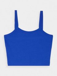 4F Crop top slim damski - niebieski M. Niebieskie topy damskie 4F, m, bez wzorów, z bawełny, sportowe, bez kołnierzyka, bez ramiączek. W wyprzedaży za 29.99 zł.