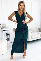 Brokatowa Maxi Sukienka z Rozcięciem - Zielona. Zielone sukienki damskie Numoco, l, bez wzorów, z elastanu, wizytowe, bez kołnierzyka, bez ramiączek, maxi. Za 269.90 zł.