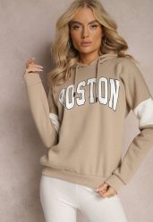 Beżowa Bawełniana Bluza z Kapturem w Amerykańskim Stylu z Napisem i Polarem Iocaste. Brązowe bluzy damskie Renee, bez wzorów, z bawełny, casualowe, bez ramiączek, z kapturem. Za 79.99 zł.