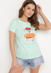 Miętowy T-shirt Bawełniany z Nadrukiem Rusolia. Zielone t-shirty damskie Born2be, s, bez wzorów, z bawełny, biznesowe, bez kołnierzyka, bez ramiączek. Za 34.99 zł.